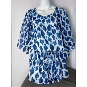 Barneys New York Blue Watercolor Polka Dot Peplum Blouse Top Size Small